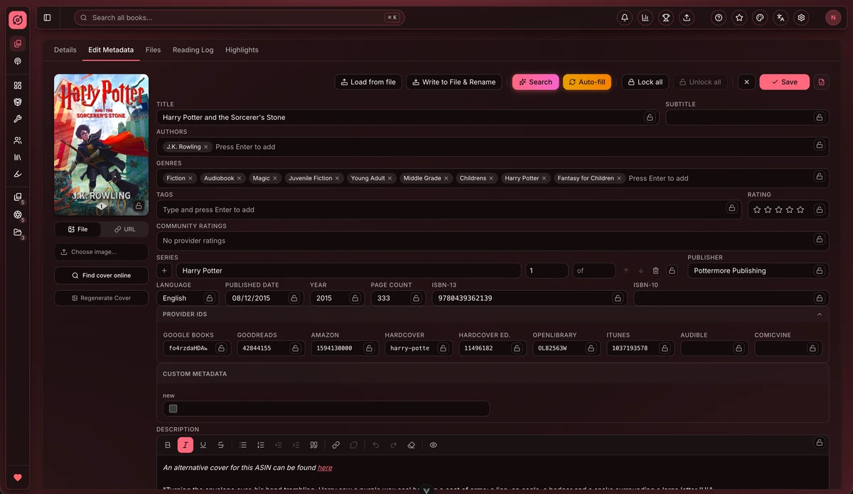 The metadata editor with per-field locks, provider IDs, series and publisher fields, and a rich text description