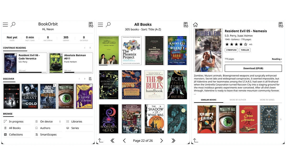 The BookOrbit plugin running on an e-ink device, showing the reading dashboard, the all-books grid, and a book page with a download button