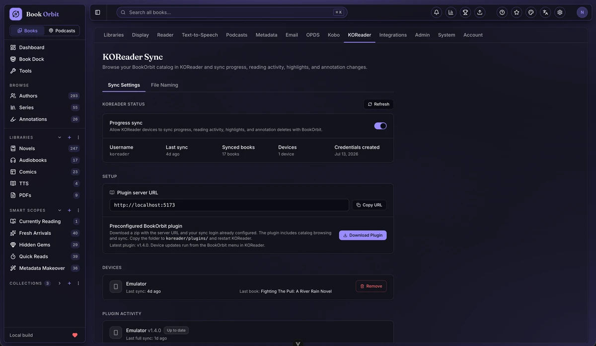 KOReader sync settings with connection status, plugin server URL, plugin download, and registered devices