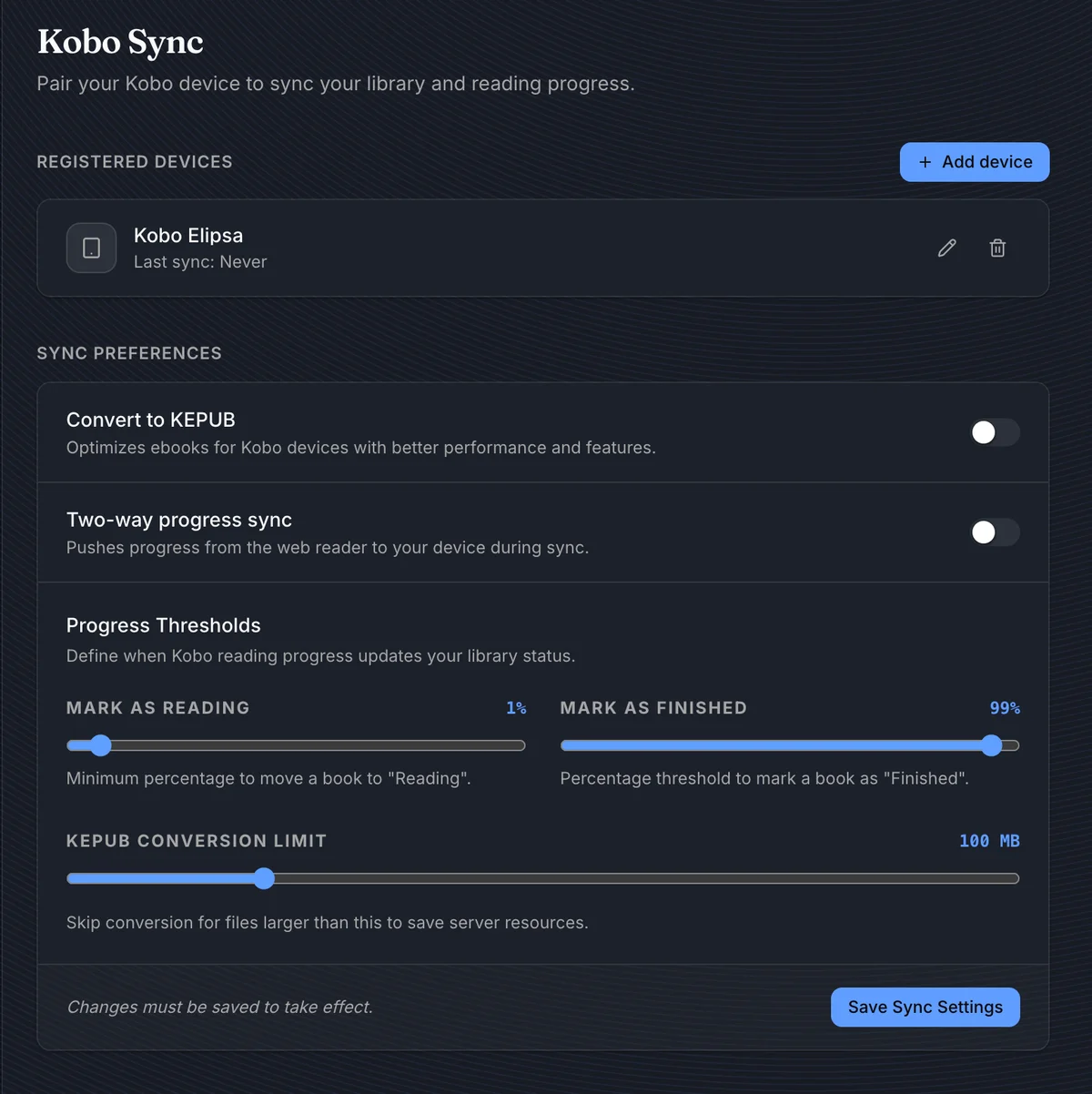 Kobo Sync settings page with registered device and sync preferences