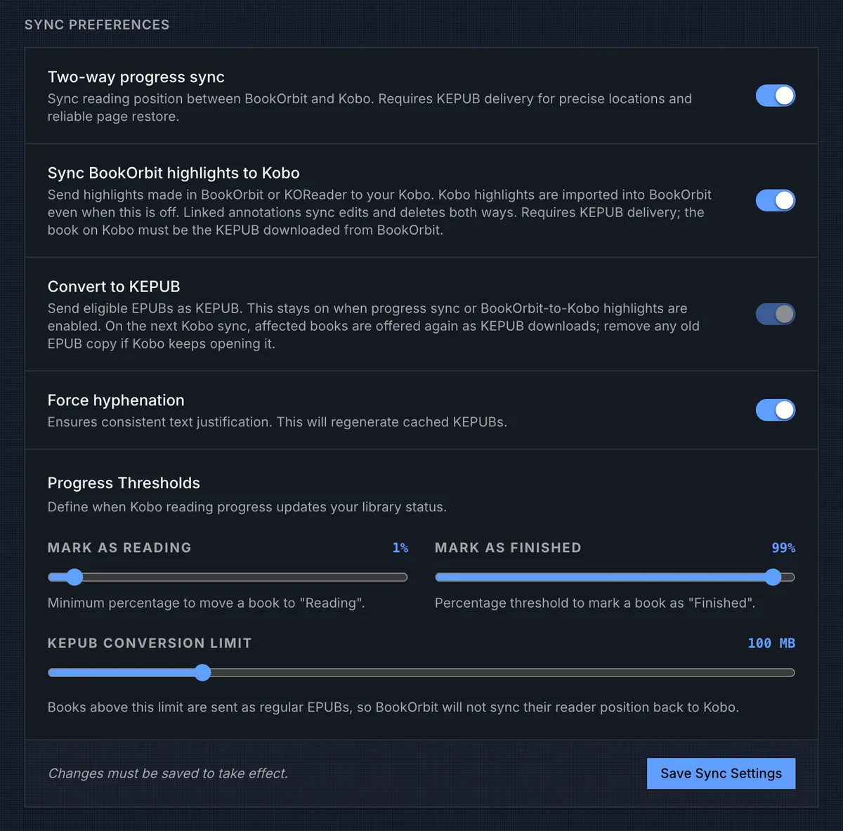 Kobo Sync preferences with progress sync, highlight sync, KEPUB conversion, and thresholds