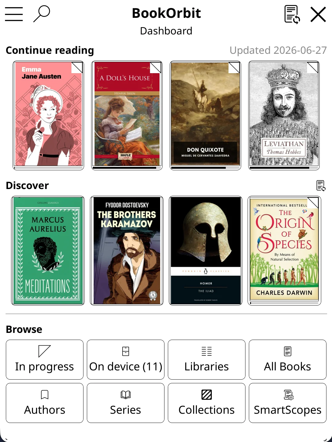 BookOrbit catalog dashboard inside KOReader showing Continue reading row with book covers, Discover section with recently added books, and Browse tiles for In progress, On device, Libraries, All Books, Authors, Series, Collections, and SmartScopes