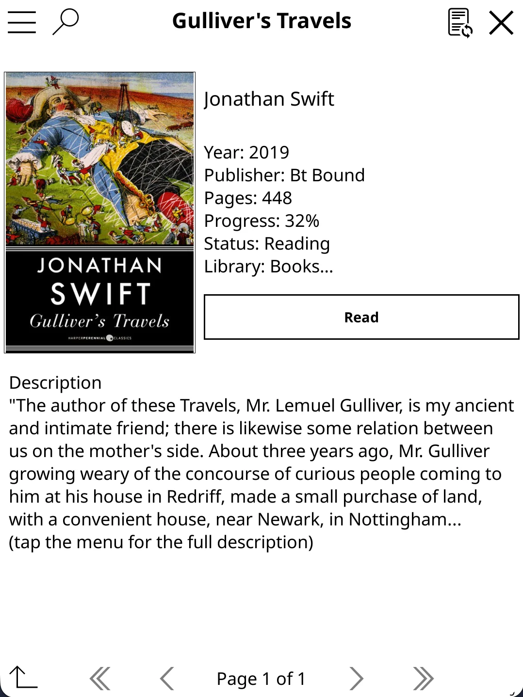 BookOrbit catalog book detail page showing cover, author, year, publisher, pages, current progress, reading status, library name, description, and a Read button