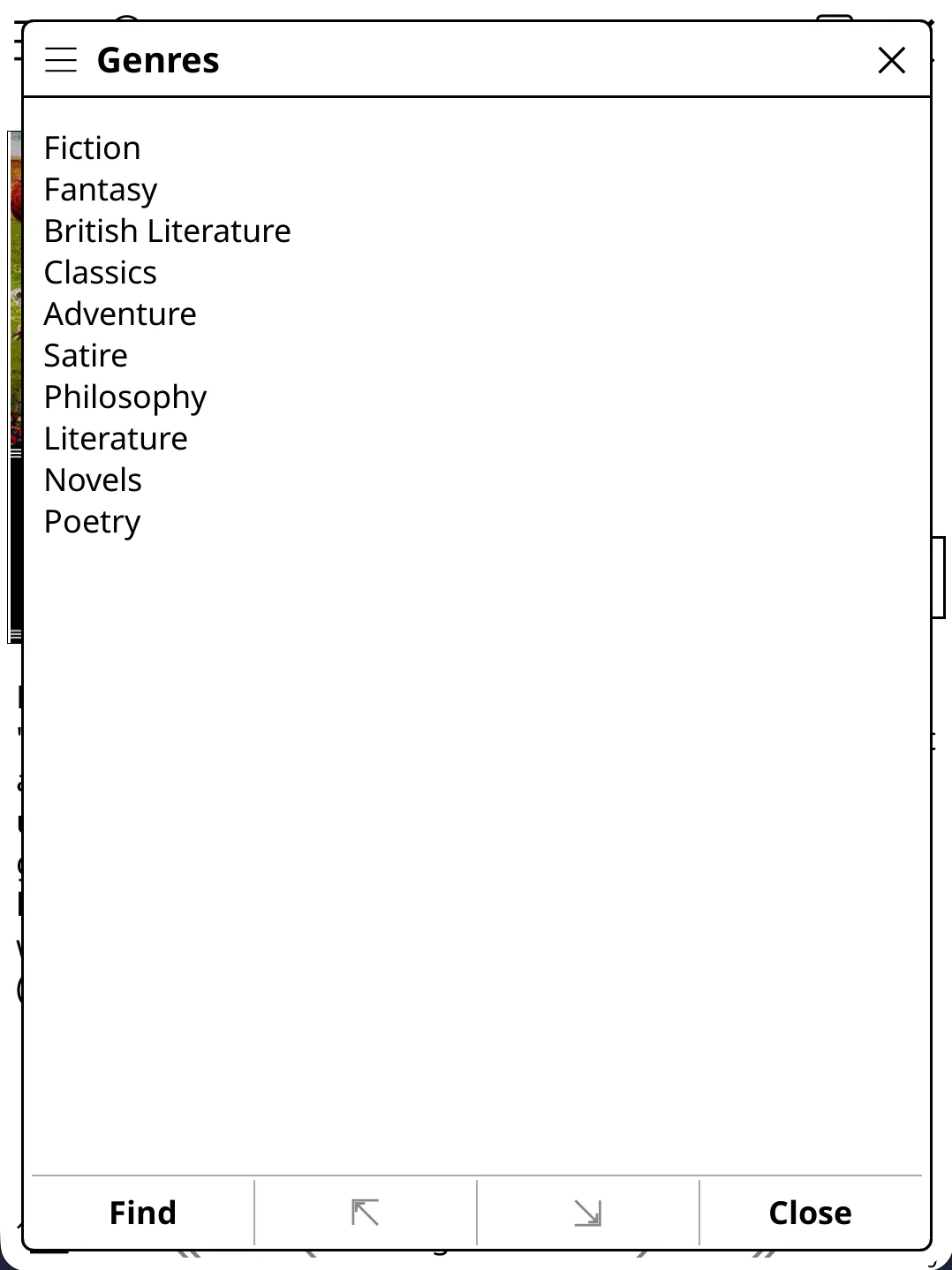 Genres overlay listing genre tags for the selected book with Find and navigation controls at the bottom