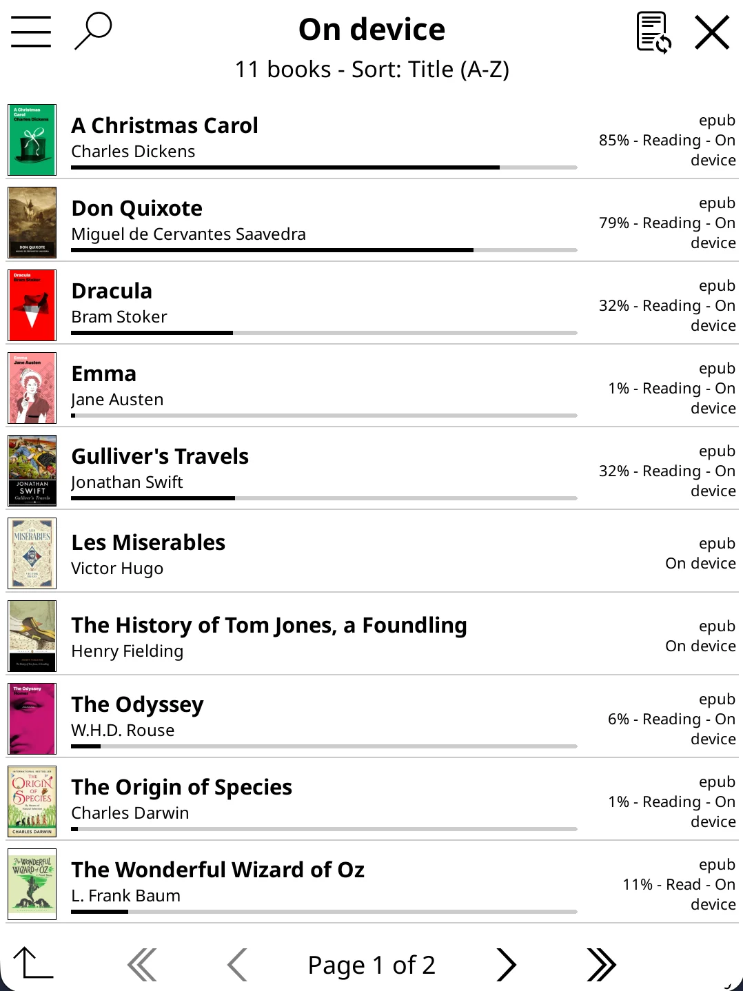 BookOrbit catalog On device list showing 11 books with covers, titles, authors, progress bars, reading status, and file format on each row