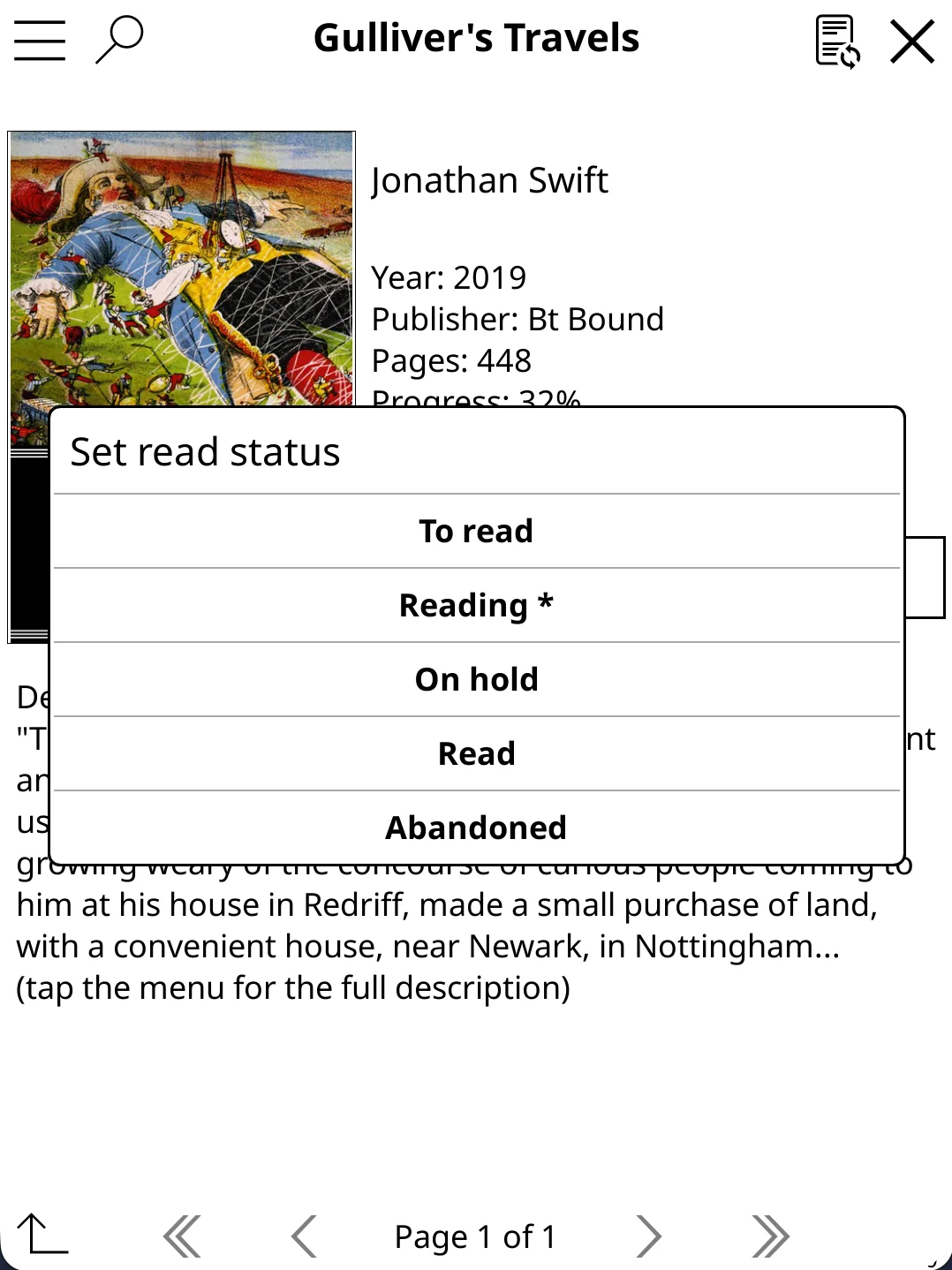 Set read status dialog showing options: To read, Reading, On hold, Read, and Abandoned with the current status marked with an asterisk