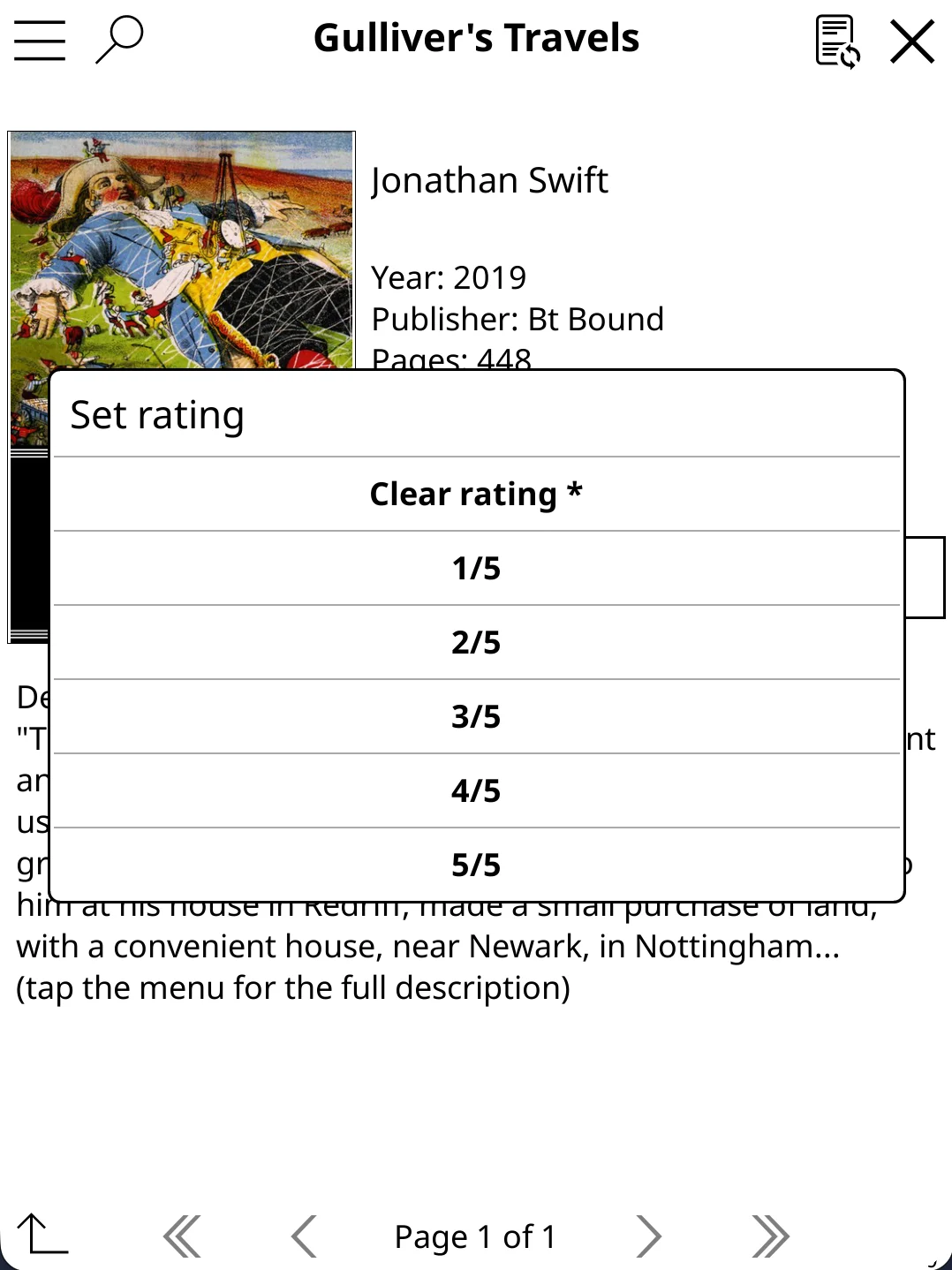Set rating dialog showing Clear rating and options from 1/5 to 5/5 with the current value marked with an asterisk