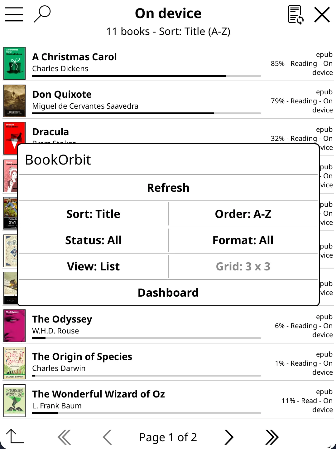 BookOrbit catalog view options menu showing Refresh, Sort, Order, Status, Format, View, and Grid size controls overlaid on the book list