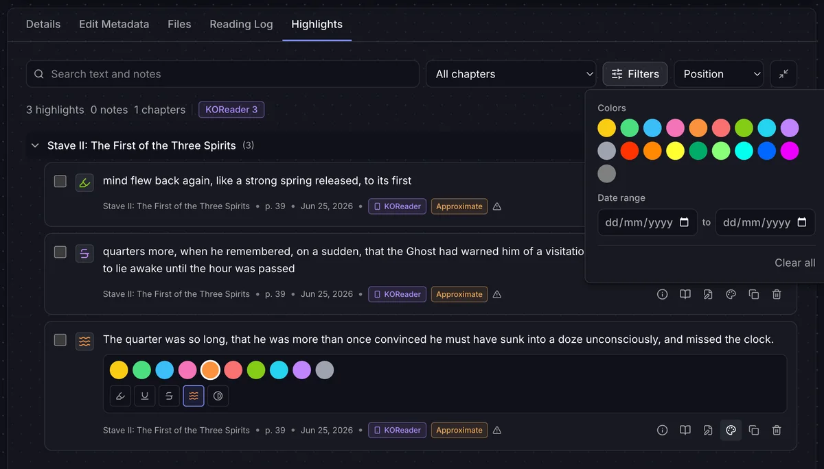 BookOrbit Highlights tab showing KOReader annotations with source badge, Approximate flag, color filter panel, and date range filter