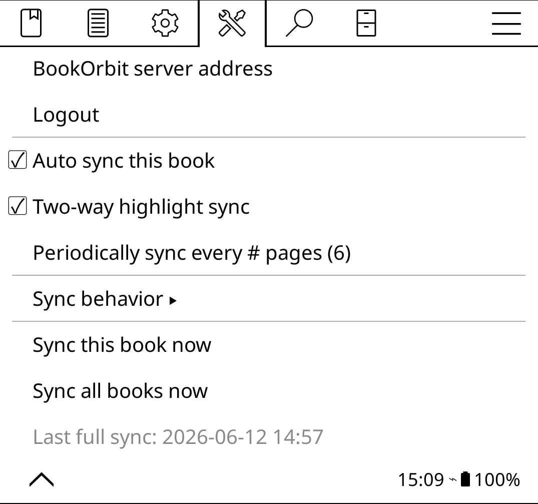 KOReader BookOrbit plugin panel with auto sync, two-way highlight sync, periodic sync, and manual sync actions