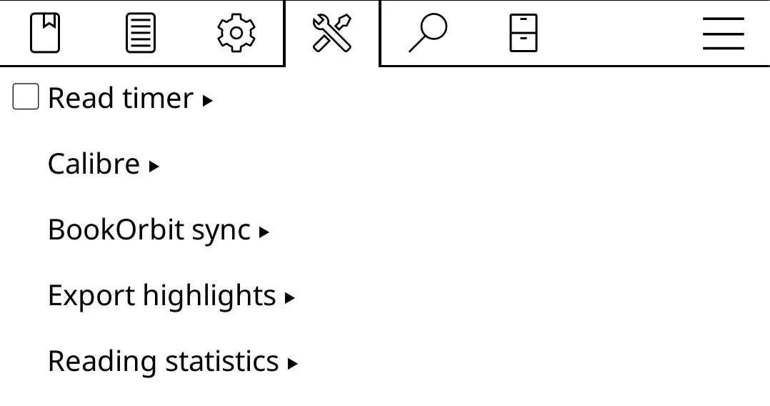 KOReader tools menu showing BookOrbit sync