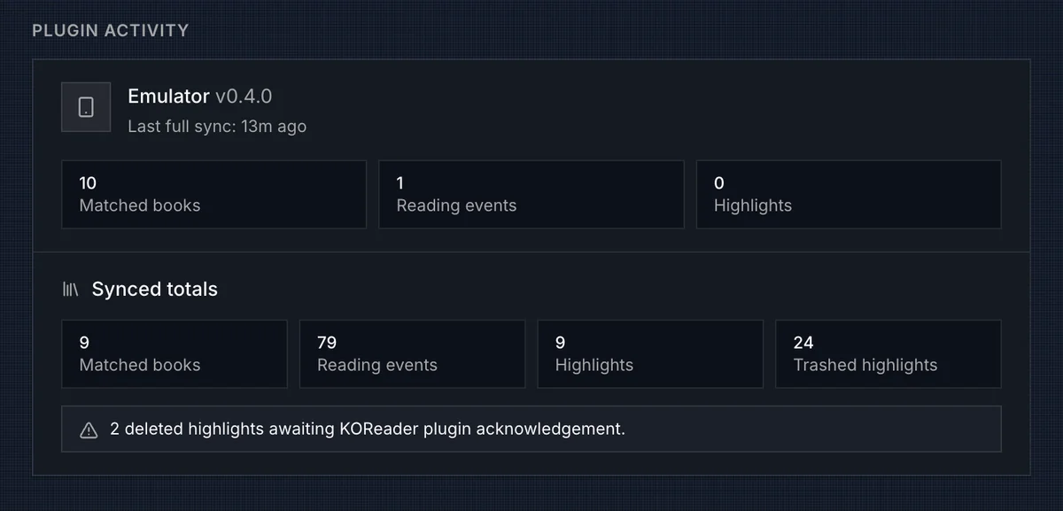 KOReader Plugin Activity section with matched books, reading events, highlights, and pending delete count