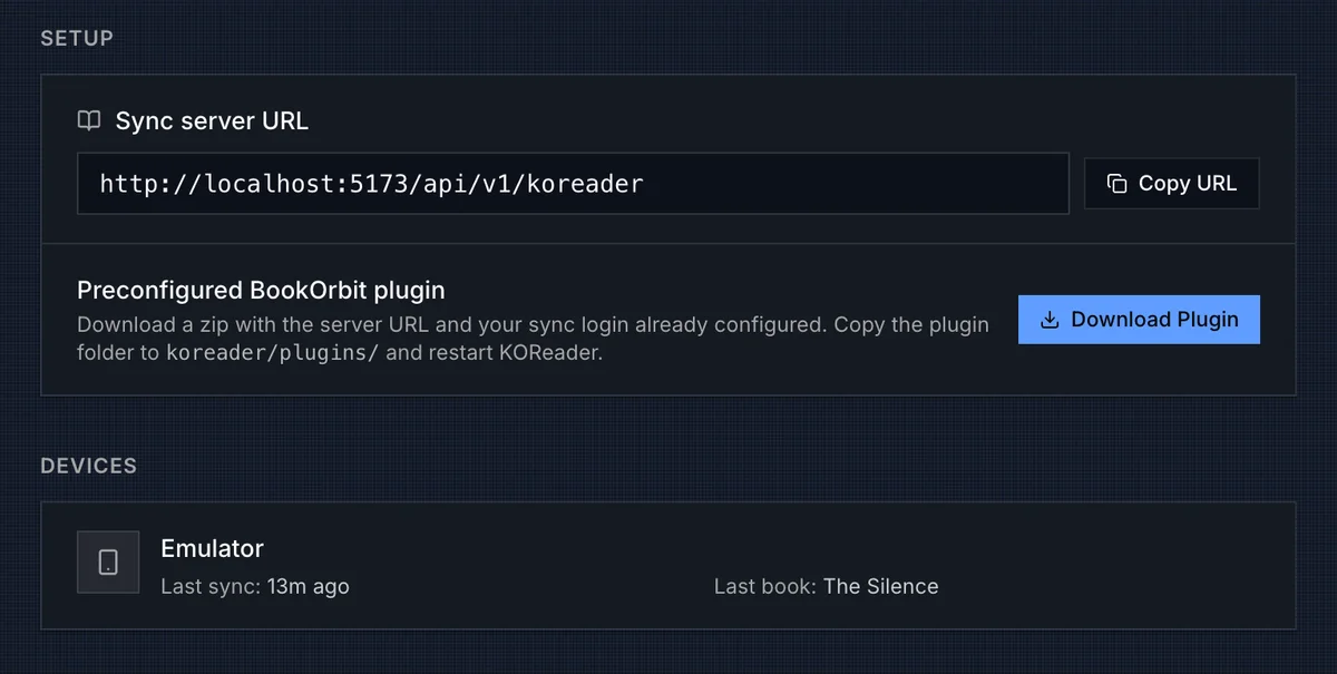 KOReader Sync setup area with sync server URL, plugin download, and synced device
