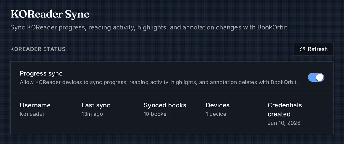 KOReader Sync status card with enabled progress sync and synced device counts
