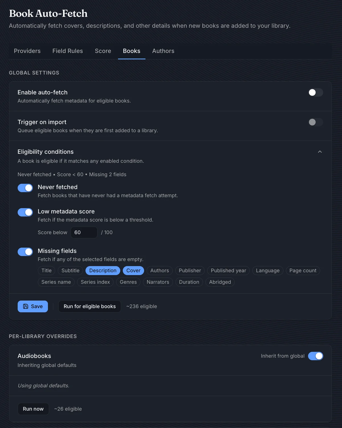 Book Auto-Fetch settings