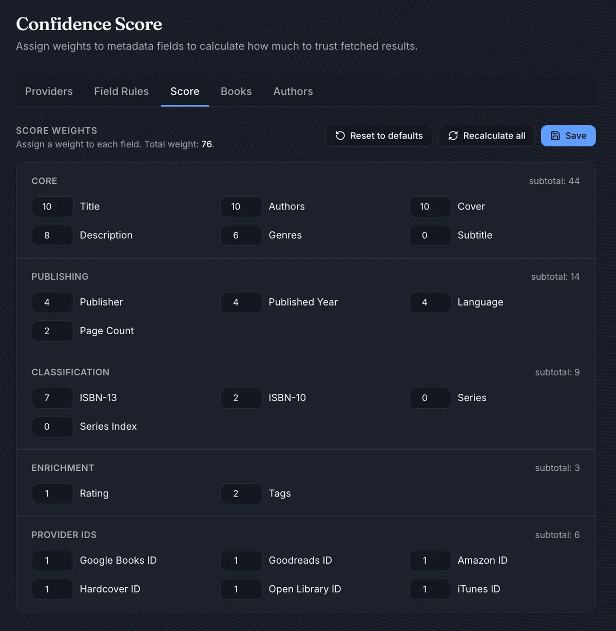 Confidence Score settings