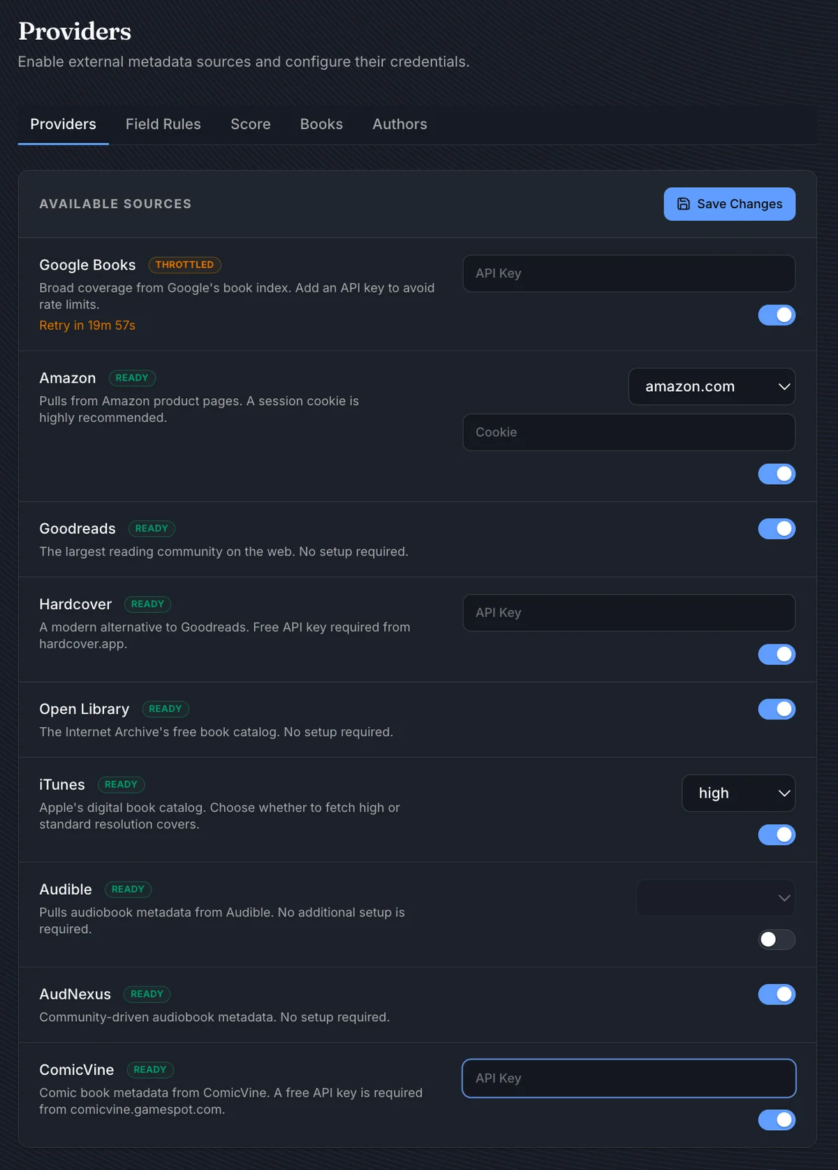 Metadata Providers settings