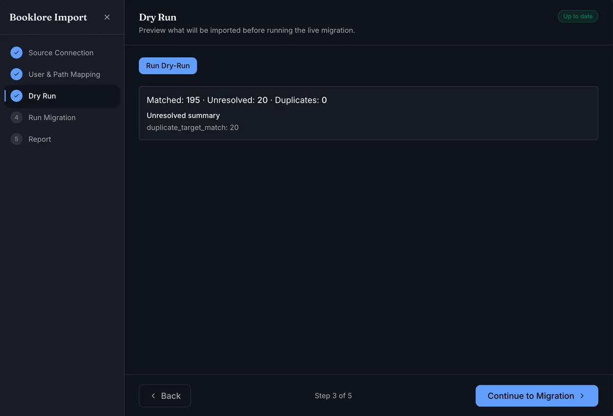 Dry Run step showing a run with no duplicates and an unresolved summary section