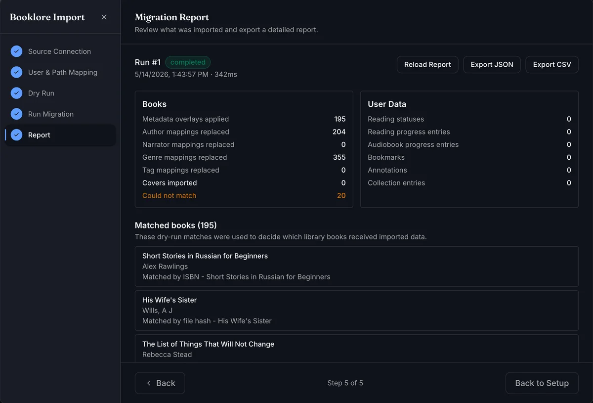Migration Report step showing run status, Books and User Data panels, and export actions
