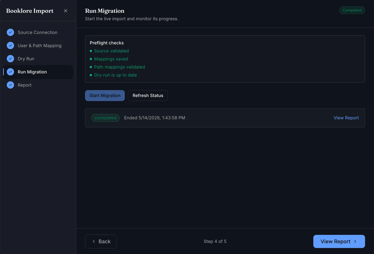 Run Migration step showing preflight checks passed, migration controls, and a completed run with View Report link