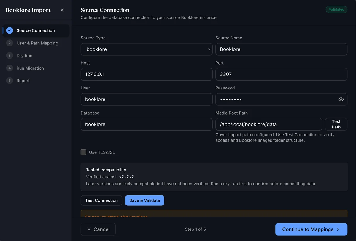 Source Connection step with source type, source name, database fields, media root path, and validation controls