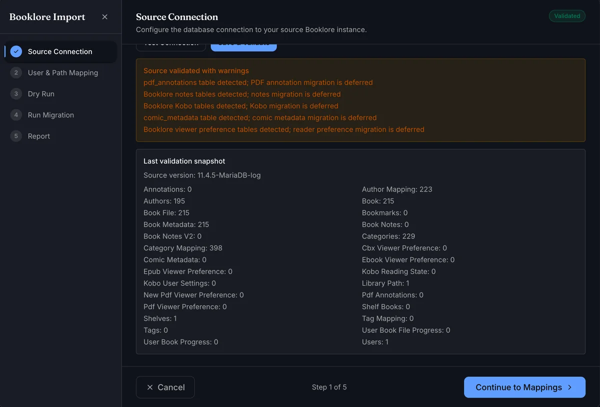 Source Connection step showing validation warnings and the last validation snapshot