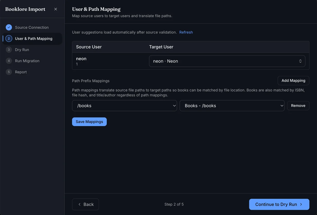 User and Path Mapping step showing source to target user mapping, path prefix mappings, and path validation status