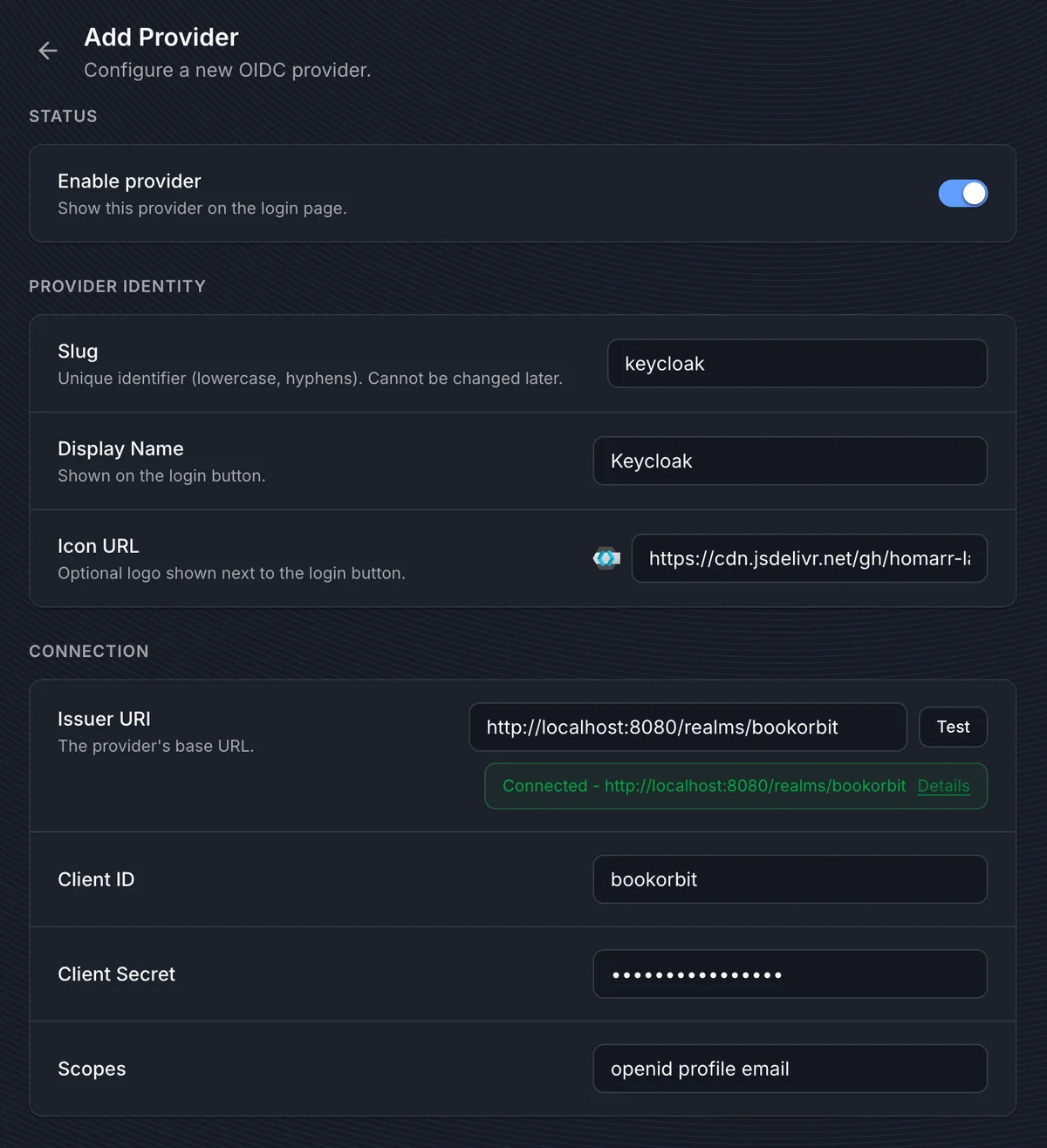 Add Provider form showing status, provider identity, and connection fields