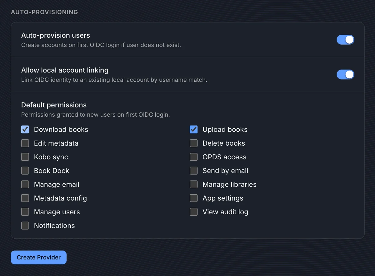 Auto-provisioning section with auto-provision toggle, local account linking toggle, and default permissions checklist