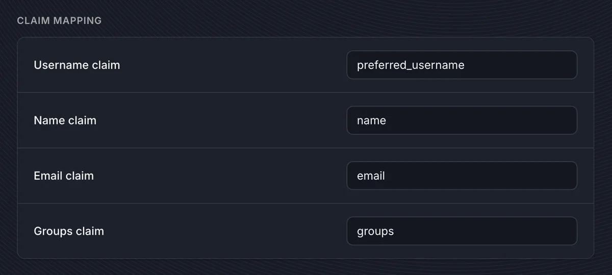 Claim mapping section with username, name, email, and groups claim fields