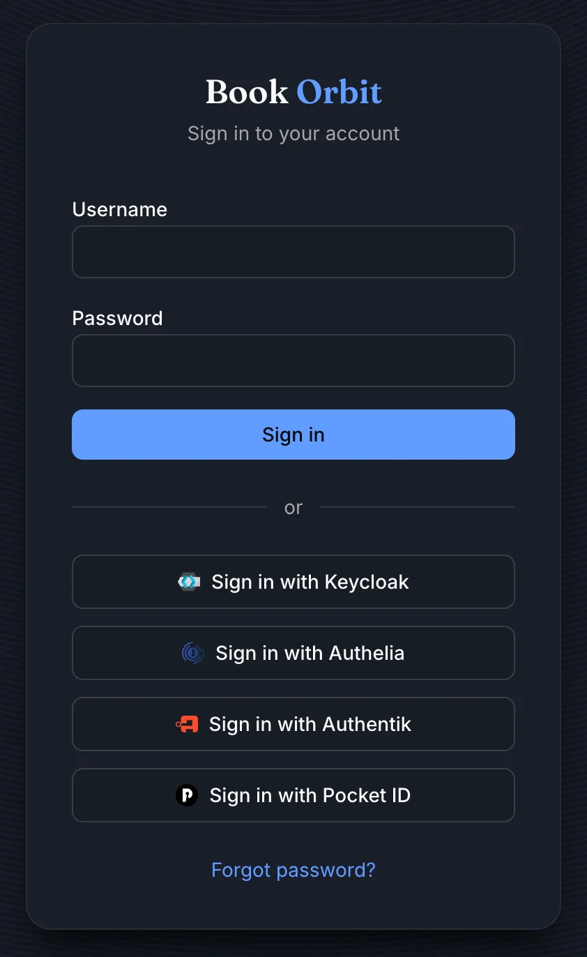 BookOrbit login page showing standard login form and four OIDC provider buttons