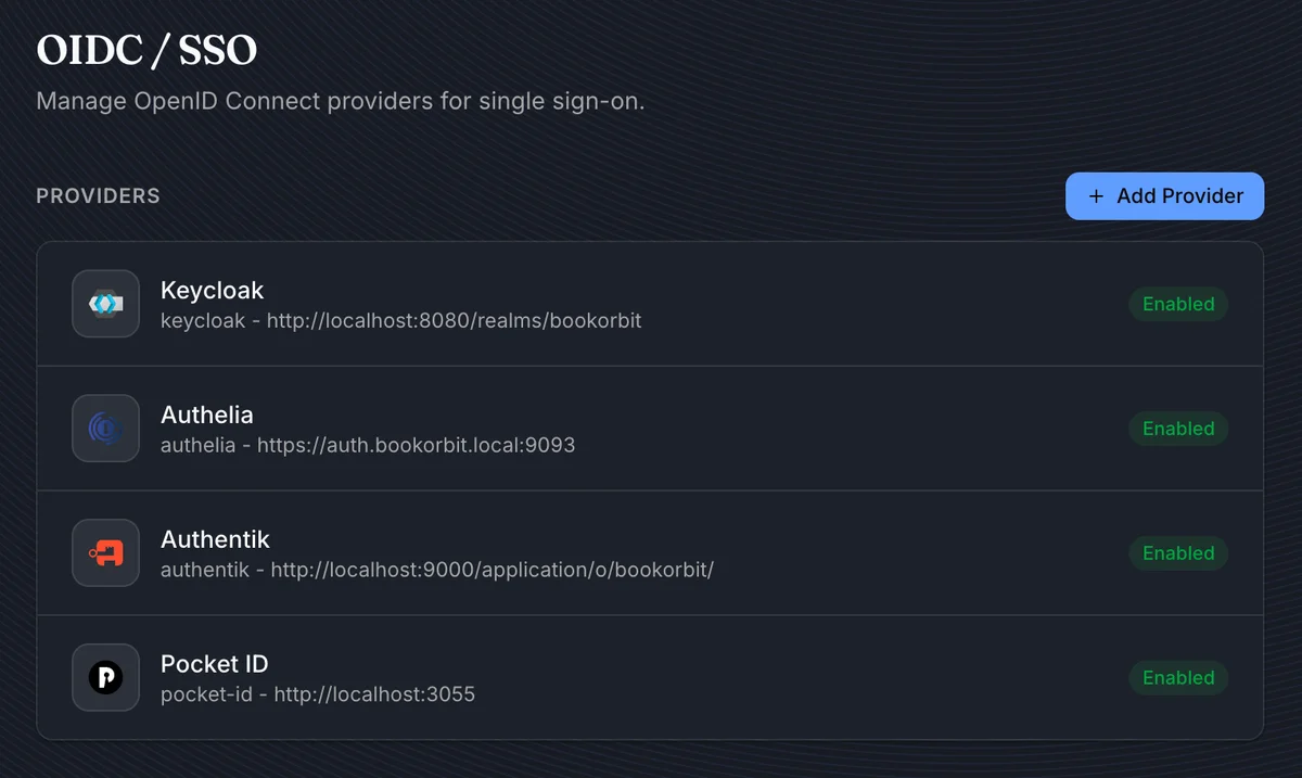 OIDC / SSO settings page showing four configured providers with enabled status