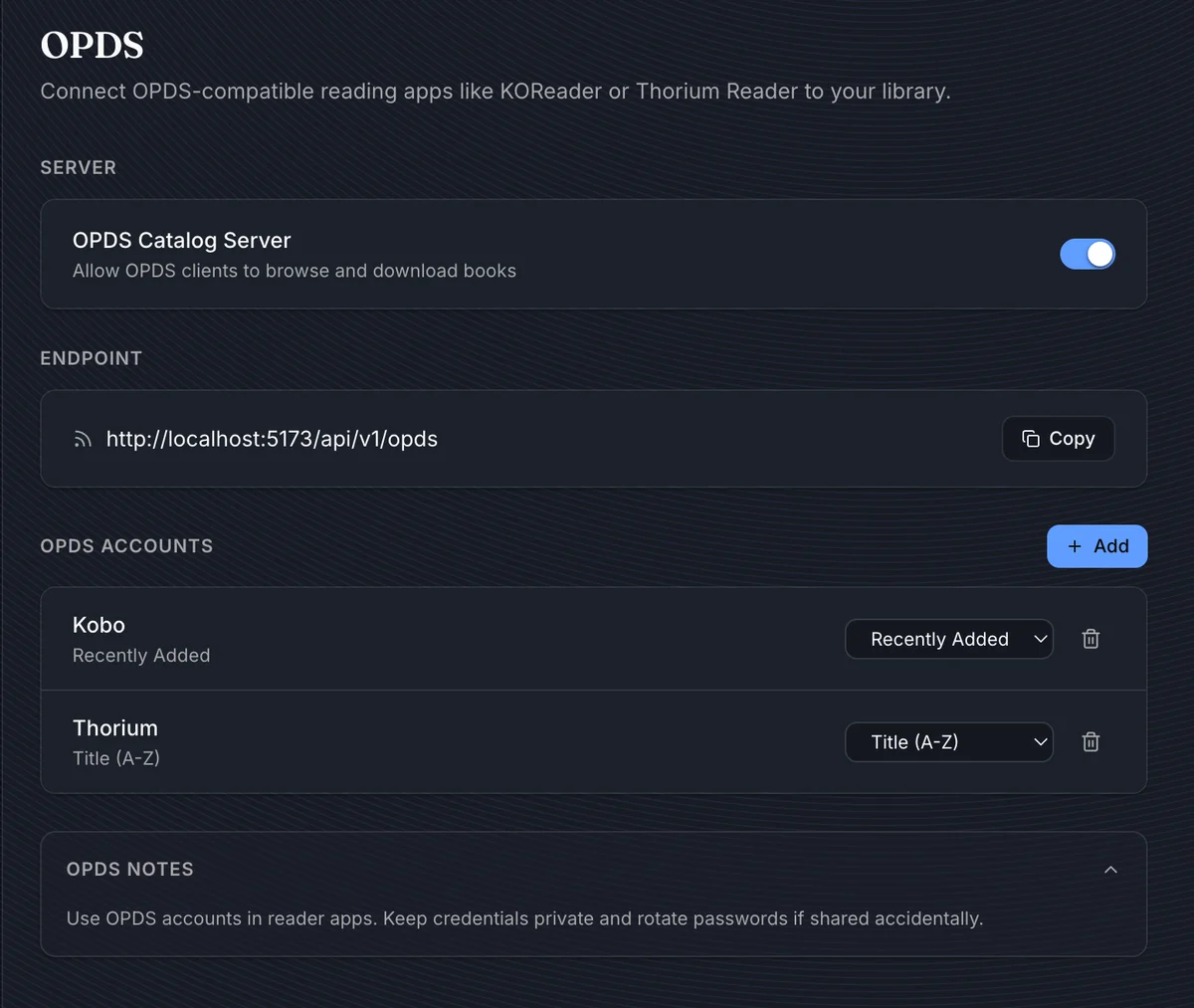 OPDS settings page with server toggle endpoint URL and OPDS accounts