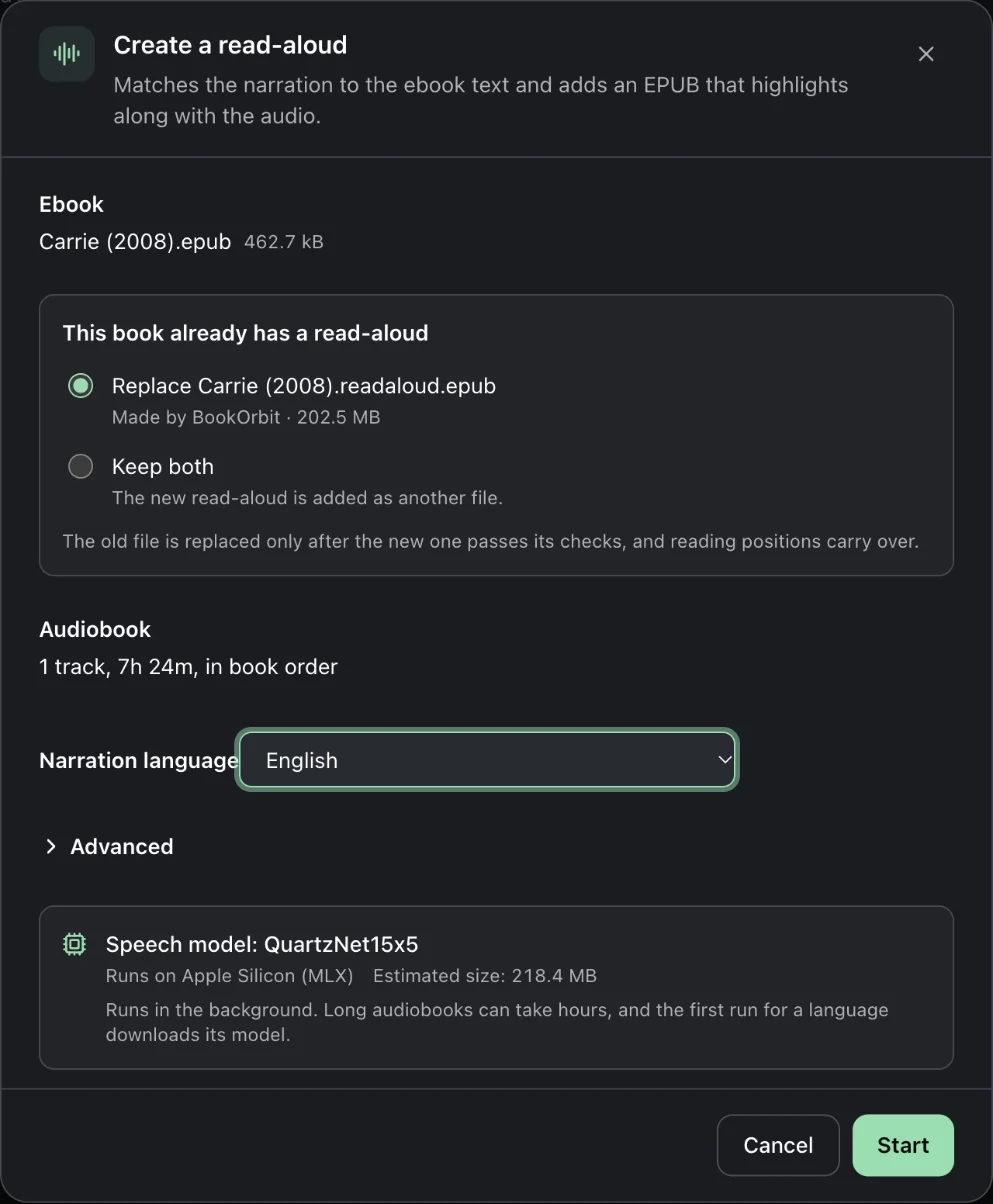 Create a read-aloud dialog with an existing read-aloud offered for replacement, one audiobook track, English selected, and the speech model summary