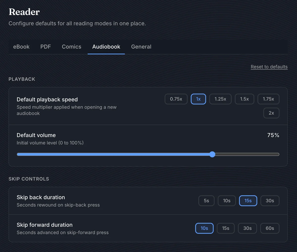 Reader audiobook player defaults