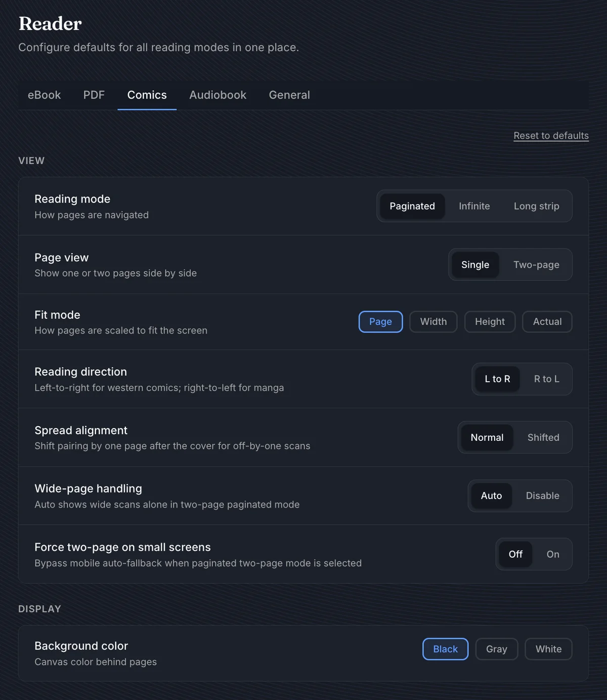 Reader comics default settings