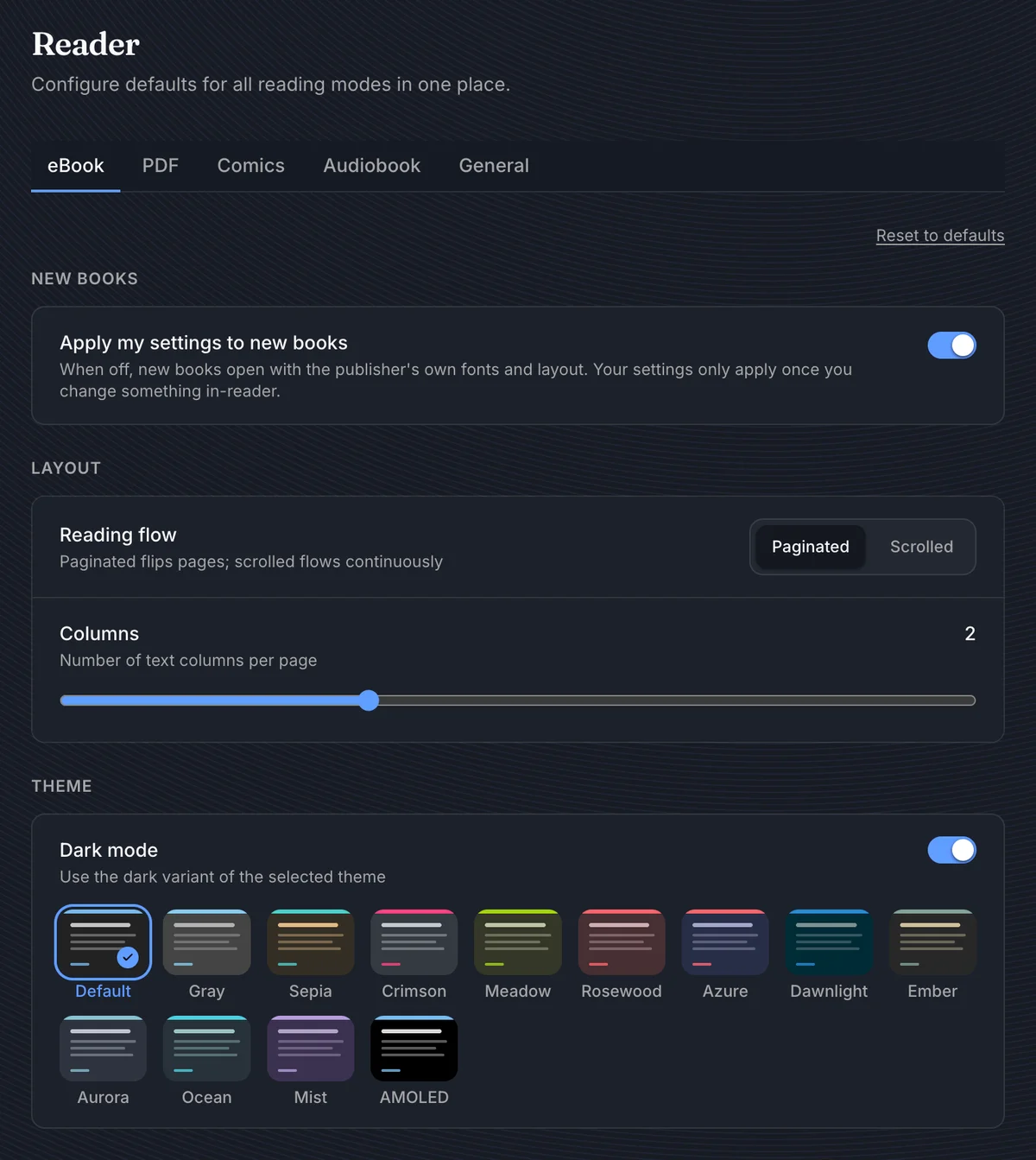 Reader eBook layout and theme defaults