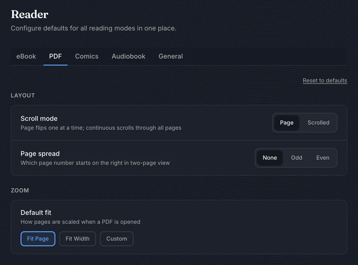 Reader PDF default settings