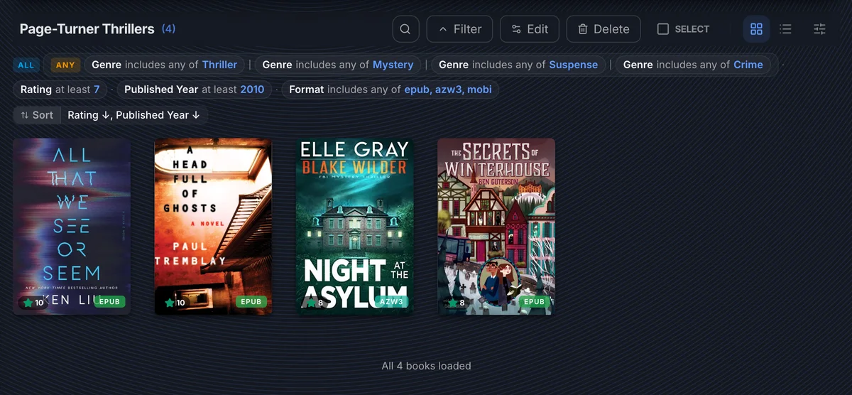 Page-Turner Thrillers scope showing 4 books matched by nested genre OR, rating, year, and format rules
