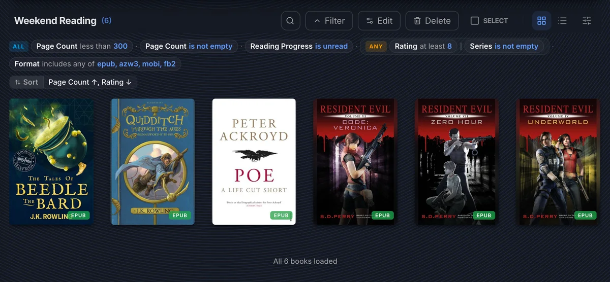 Weekend Reading scope showing 6 matched books with the active filter pills displayed at the top