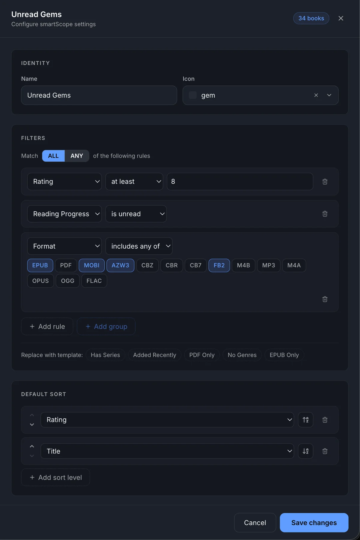 Smart Scope editor panel showing the Identity, Filters, and Default Sort sections for Unread Gems