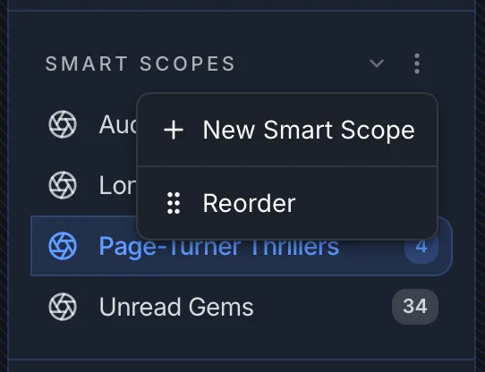 Smart Scopes sidebar menu showing New Smart Scope and Reorder options