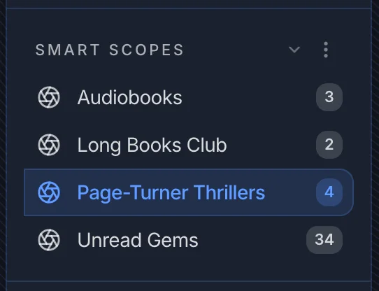 Smart Scopes section in the sidebar showing four scopes with live book counts