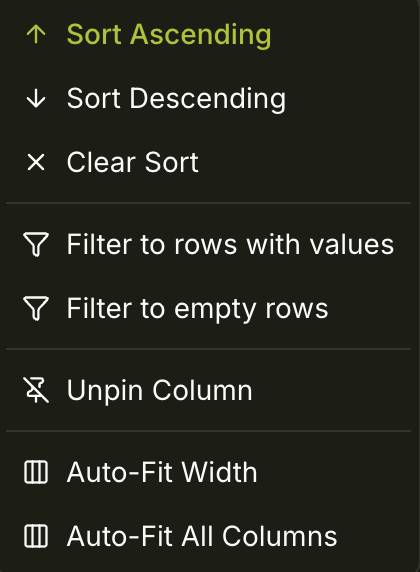 Column header context menu showing sort, filter, pin, and auto-fit options