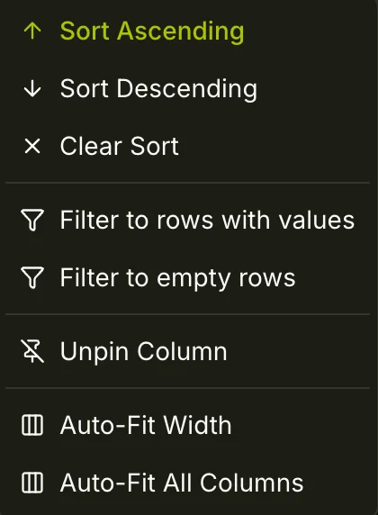 Column header context menu showing sort, filter, pin, and auto-fit options