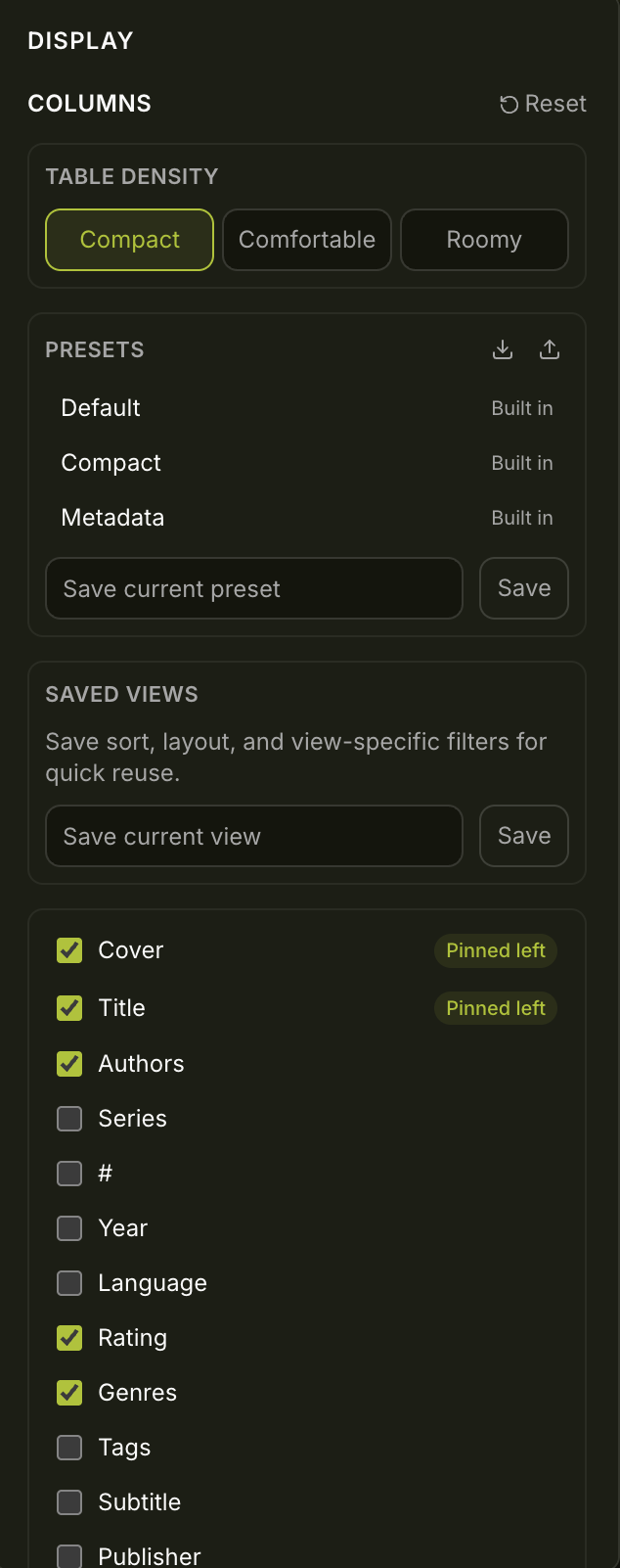 Display panel showing table density options, presets, saved views, and column toggles