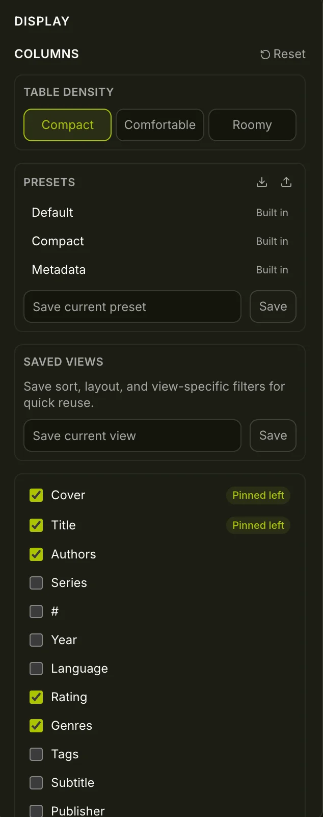 Display panel showing table density options, presets, saved views, and column toggles
