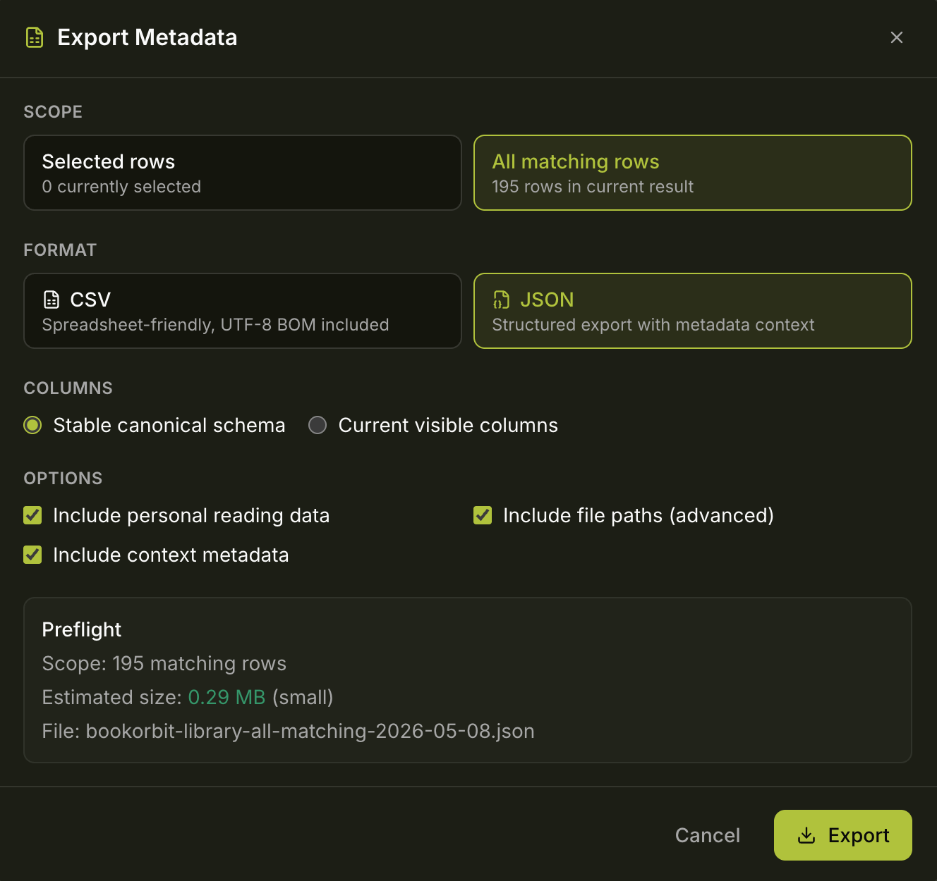 Export Metadata dialog showing scope, format, columns, and options with preflight summary