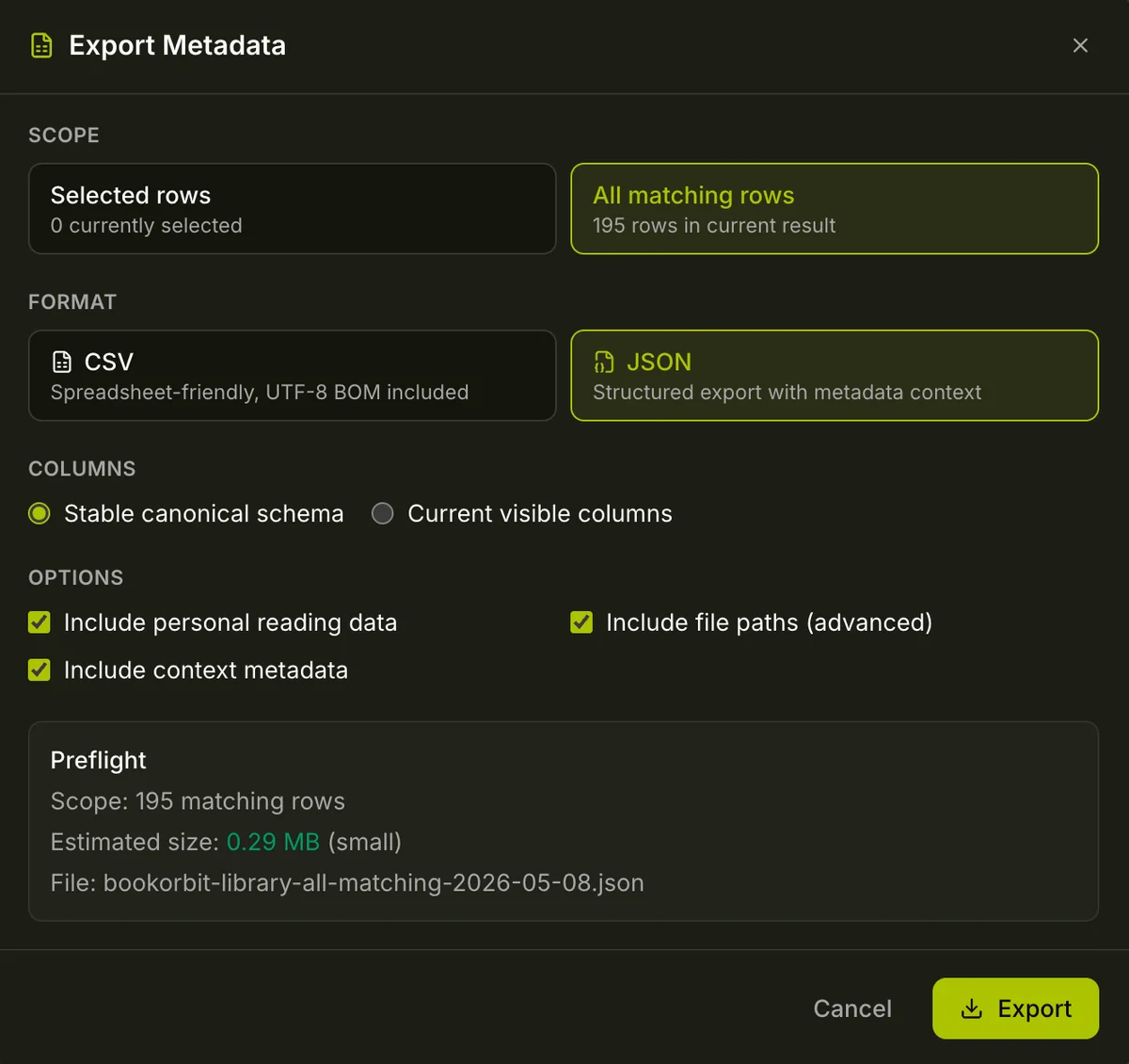 Export Metadata dialog showing scope, format, columns, and options with preflight summary
