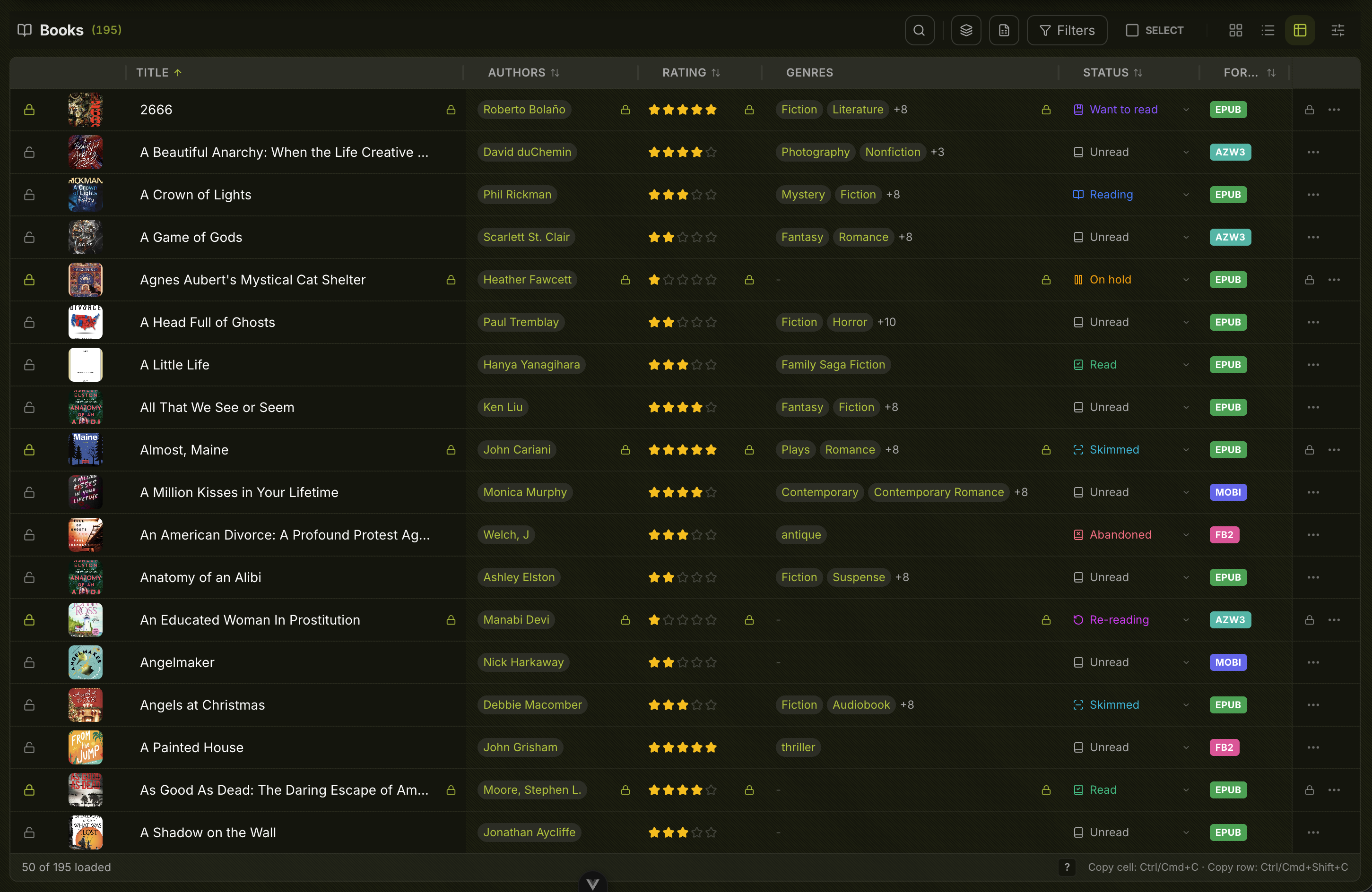 Table view showing 195 books with columns for title, authors, rating, genres, status, and format